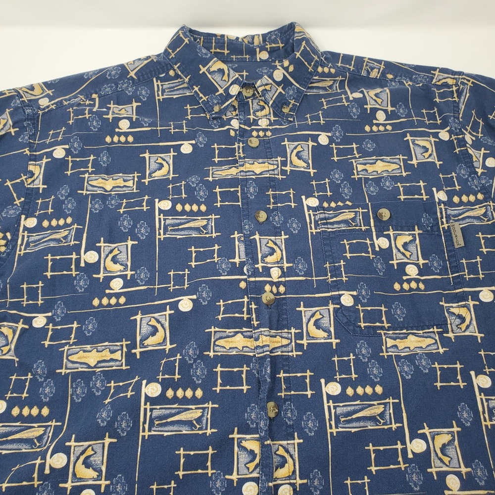 Woolrich Shirt Mens L Navy Fishing 6643 Blue Trout Graphic Button Down
